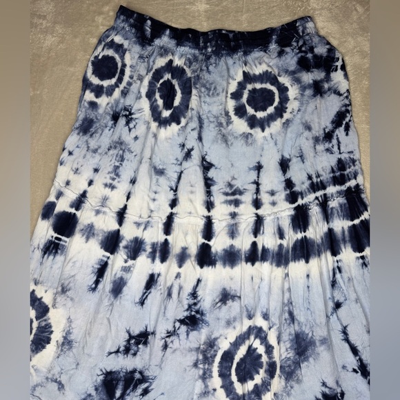 Magic Blue White Tie Dye Tiered Ruffle Lightweight MIDI Boho 100% Rayon Skirt M - Picture 10 of 13